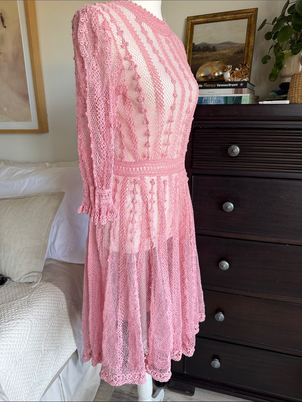 Blush Pink Crochet Vintage Midi Dress - Women's Lace Knit Dress - Picture 6 of 17